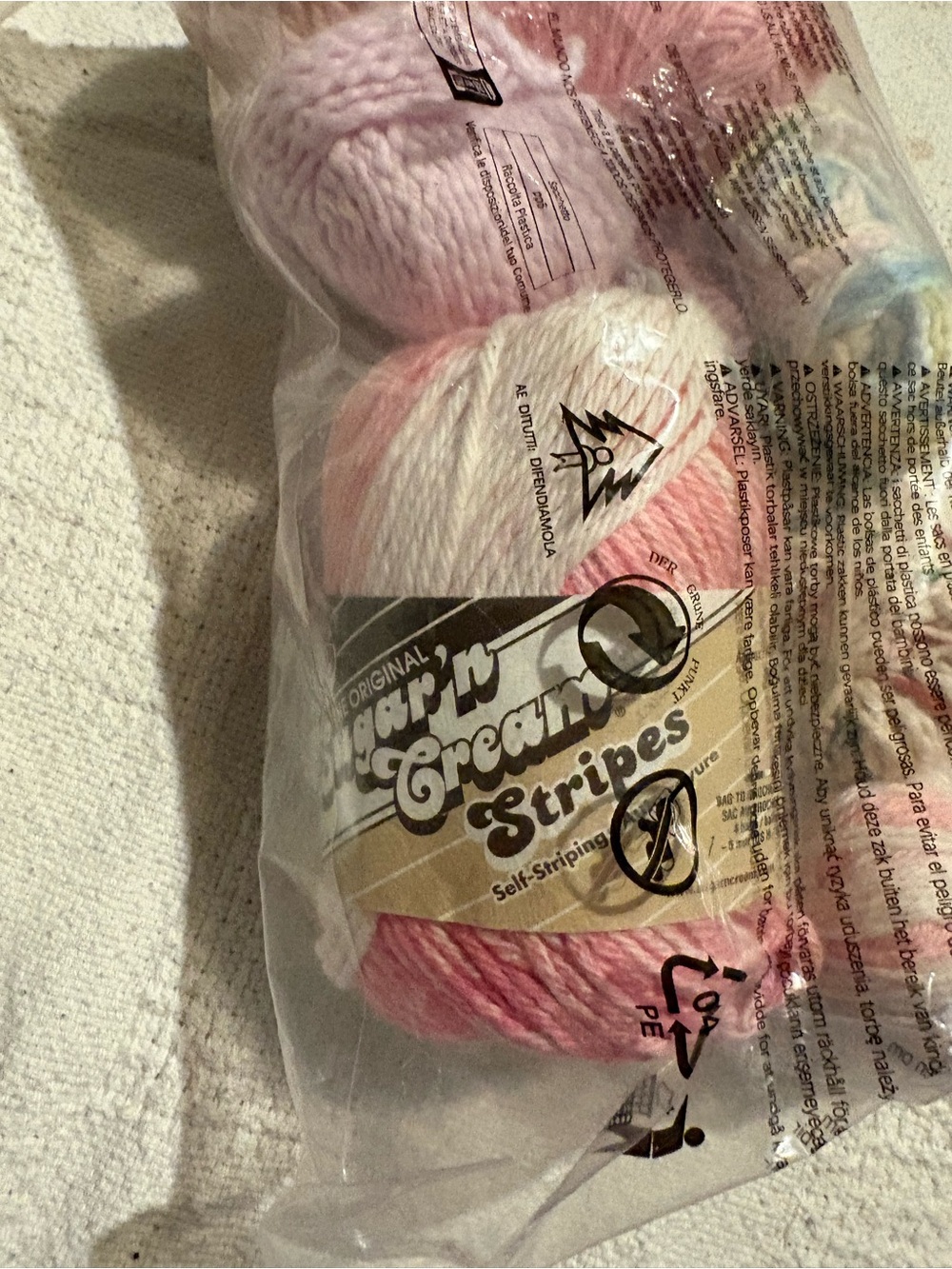 Stripes Pink & White also blue and purple yarn
